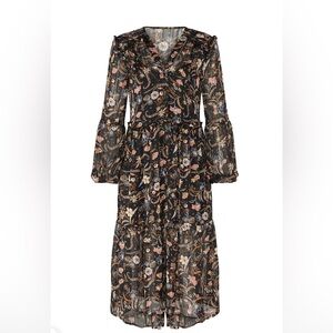MINKPINK Black Floral Paisley Long-Sleeve Tiered Midi Dress